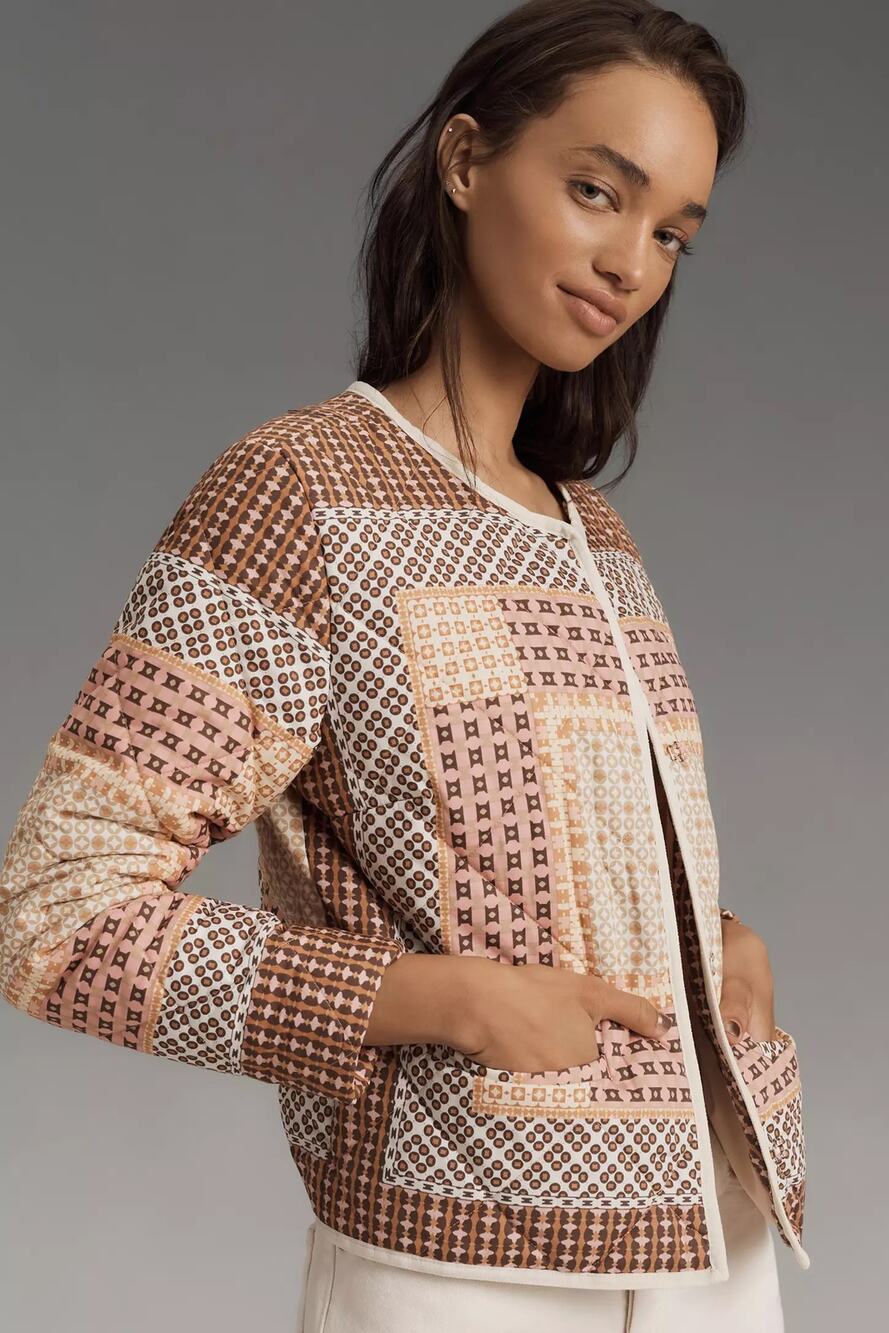 nwt by ANTHROPOLOGIE sz L Collarless Quilted Jacket in neutral motif